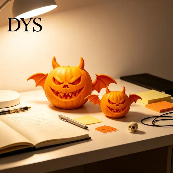 Pumpkin Demon Figurine 2Pcs 3D Printed Figurine, Devil Statue with Bat Table Centerpiece Wings & Horns, Spooky Sculpture for Halloween Party
