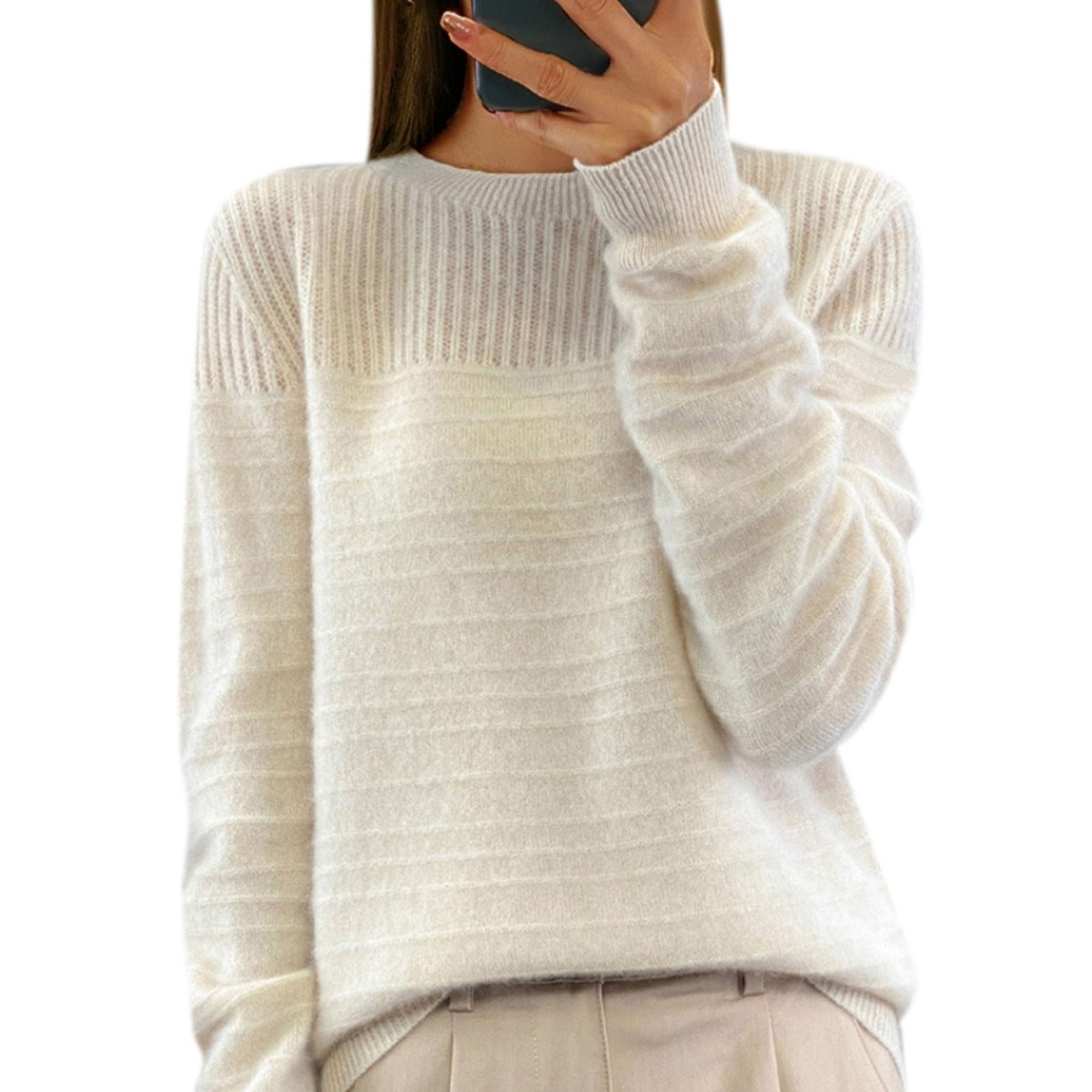 

Женский модный круглый вырез однотонный вязаный свитер топ пуловер повседневный свитер L бежевый