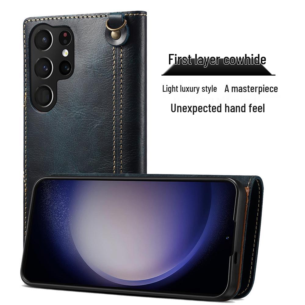Samsung S26 Retro Genuine Leather Phone Case with Card Slot & Lanyard for S25 Ultra/S24+ Flip Cover