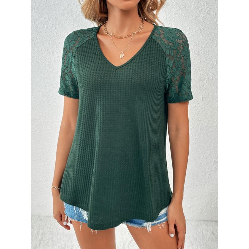 Summer Short Sleeve Hollow Lace V-neck Women Blouse Loose Casual T-shirt Short Sleeved Office Top Loose Fashion Elegant Solid Color Shirt Clothing