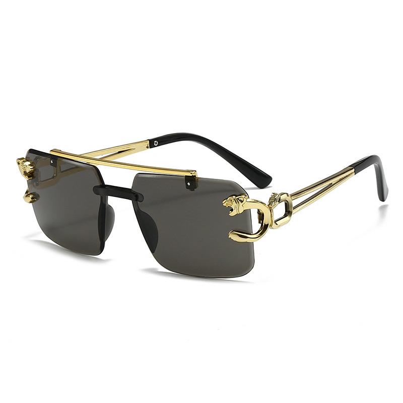 Men'S Handsome Fashion Leopard Head Trimmed Frameless Ocean Sheet Sunglasses Light Luxury Double Beam Driving Sunscreen Sunglasses