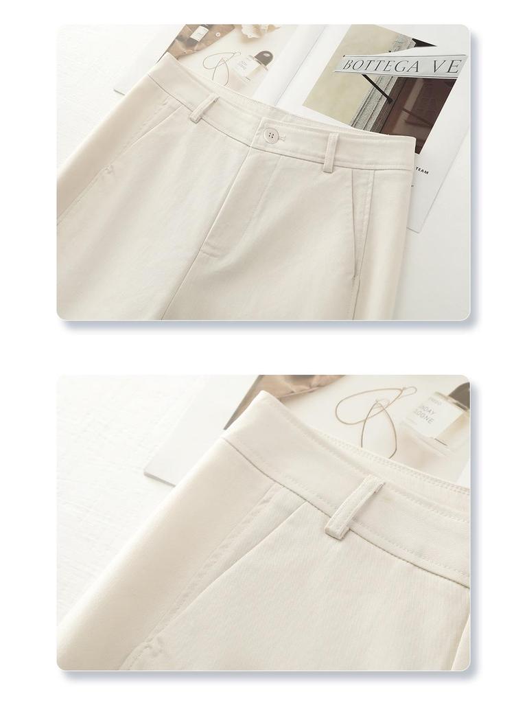 Women's Beige Tencel Cotton High Waist Wide Leg Pants - Slimming Petite Nine-Point for Spring and Autumn 2025
