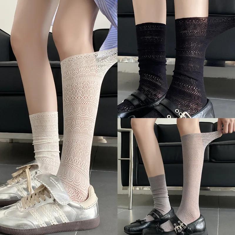 1/2pairs Lolita Sweet Pile Socks for Women Girls Mesh Hollowed Out Thin Nylon Silk Retro Flower Lace Socks Ladies Crew Socks