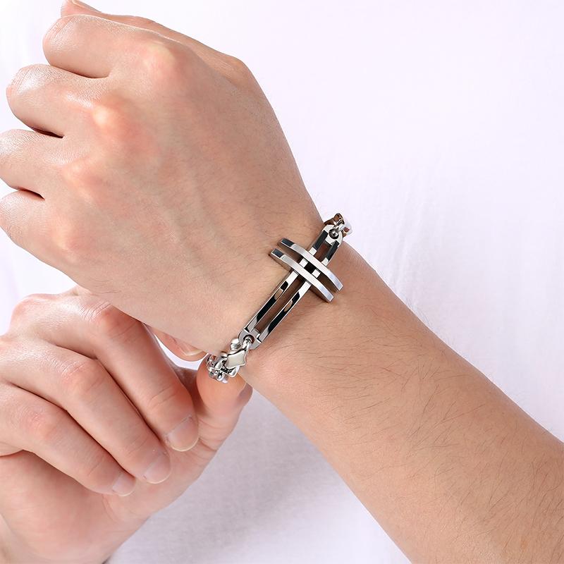 Cross Charm Stainless Steel Bracelet for Men Polished 18-22cm Minimalist Trendy Jewelry Punk Vintage Accessory Daily Gifts