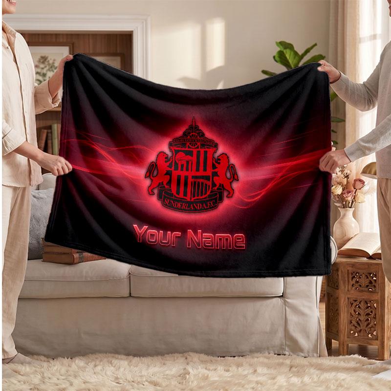 Coperta in Pile Personalizzata Sunderland FC con Logo Calcio, Testo Nome Personalizzato Morbida Calda Coperta da Divano per la Casa