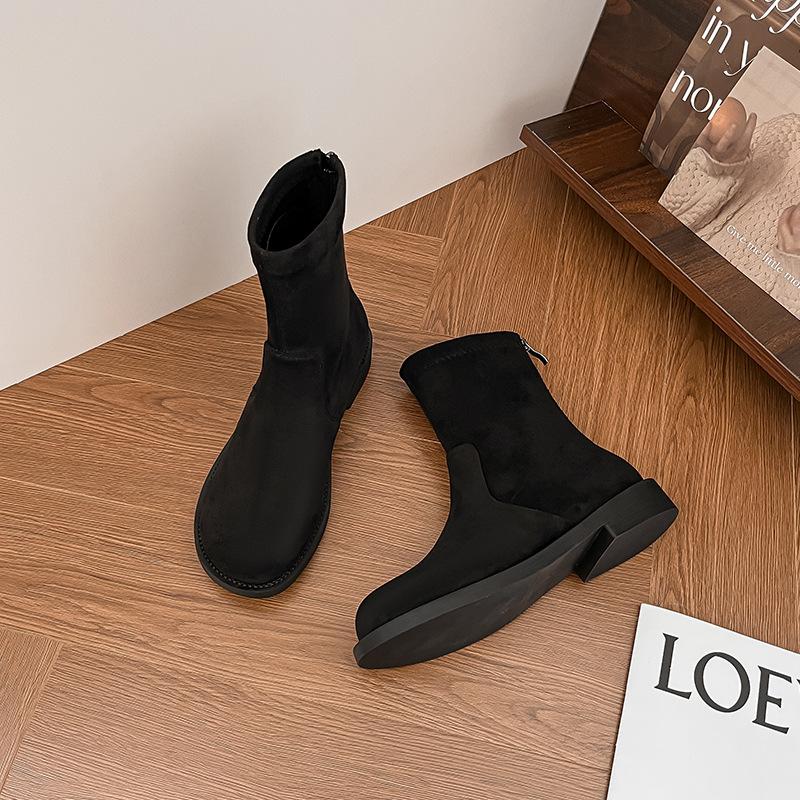 

British style round head rear zipper short boots women s retro versatile low-heeled Martin boots autumn and winter suede summer thin boots 35