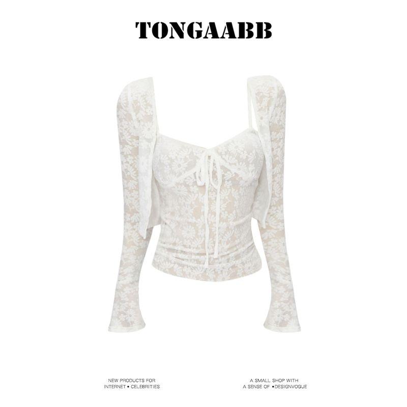 Tongaabb [In Stock] Moonlight Mosi Pure Desire Sexy French Lace Braces Long Sleeve Cardigan Suit White Two Piece Set S