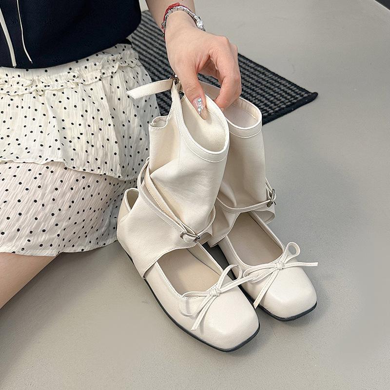 Summer new niche ballet wind-cool boots women's round head bow medium boots hollow western pile boots