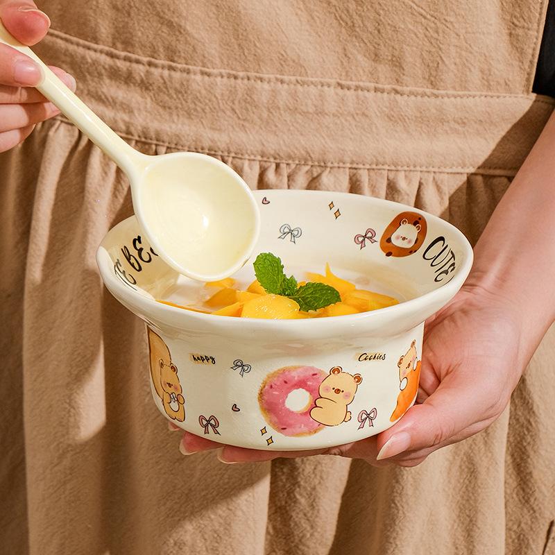 Cute Ceramic Dessert Bowl Round Cartoon Salad Bowl Tableware Household Eating Rice Bowl Dormitory Couple Bowl Spoon Set