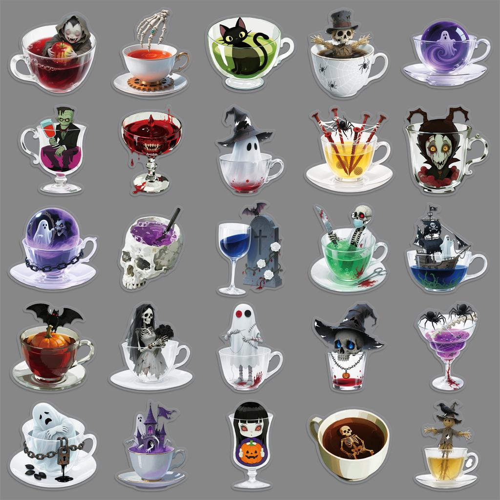 50 Transparent and Bizarre Teacup Stickers, Halloween Horror Ghost Skull Waterproof Decorative Stickers