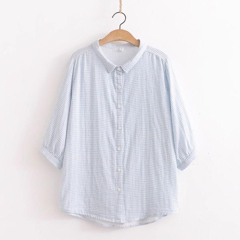 

2025 Summer New Arrival Three-Quarter Sleeve Cotton Yarn Shirt Women s Loose Easiest for Match Embroider Flower Pure Cotton Soft Half Sleeve Shirt Light blue Gingham M 40.00 kg-62.50 kg