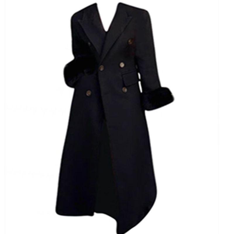 

100.00кг Стиль Хепберн Рваный край Пэчворк Двубортная Шерстяная Верхняя одежда Экспорт Оверсайз Женская одежда Модное Трендовое Пальто Black M