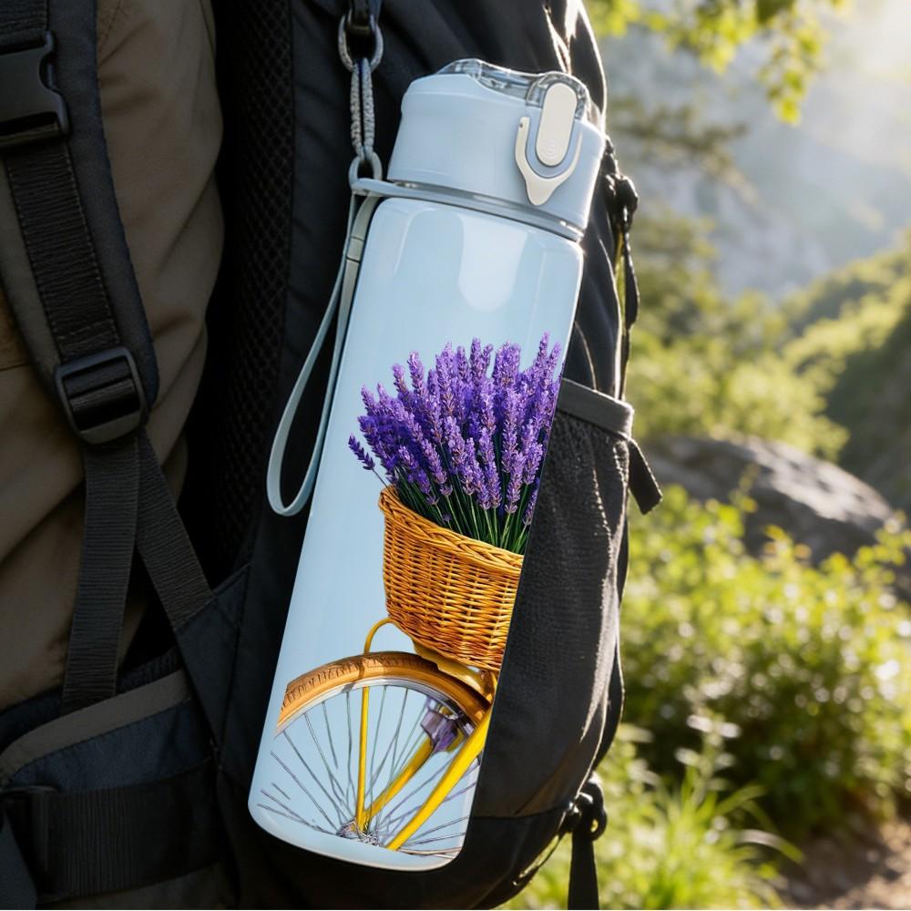 1PC Lavender Flower In Vintage Basket Print 750ml Color Plastic Sports Water Bottle Leakproof Flip Straw Lid Suitable for Sports Office Home Use