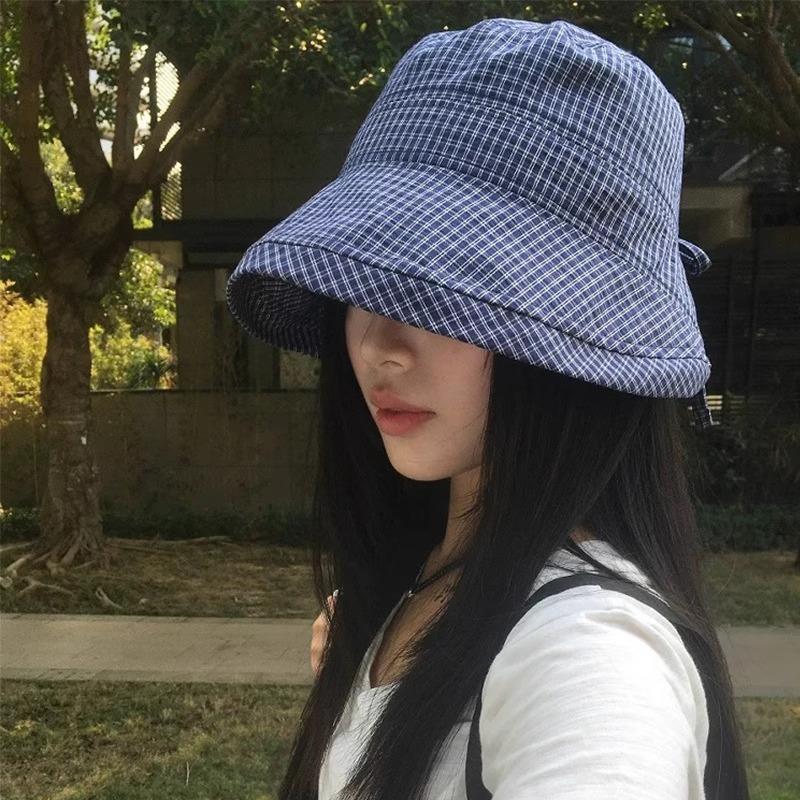 Summer Plaid Bucket Cap Curled Bow Plaid Sun Hat Foldable Quick-Dry Fisherman Caps Outdoor Mountaineering Hat