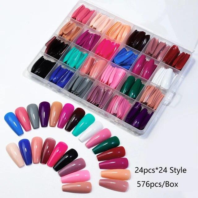 

576 шт./кор. накладные ногти, 24 различных дизайна, акриловые накладки на ногти, цветные накладные ногти для дизайна ногтей, маникюрный инструмент зелёный