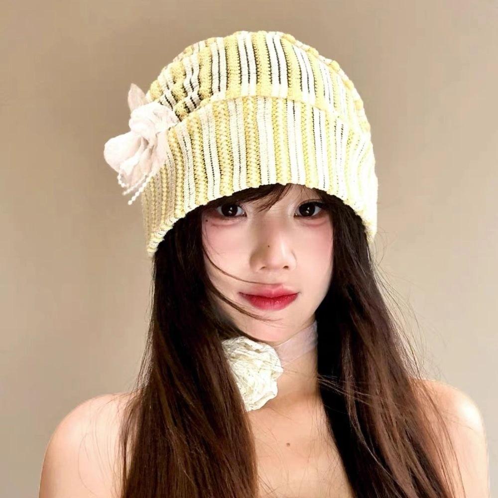 Sweet Beanies Hat Breathable Knitted Hat Casual Flower Pullover Hat  Outdoor
