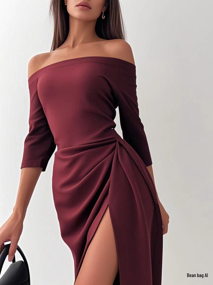 

One-Shoulder Long Sleeve Waist-Cinched Split Dress - Women s Sexy Fashion Partywear XL бордовий