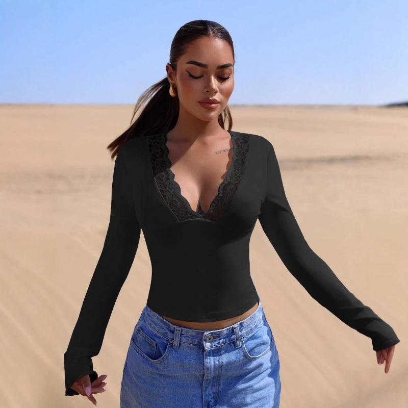 Women Sexy V Neck Lace Patchwork Long Sleeve Fitted Top