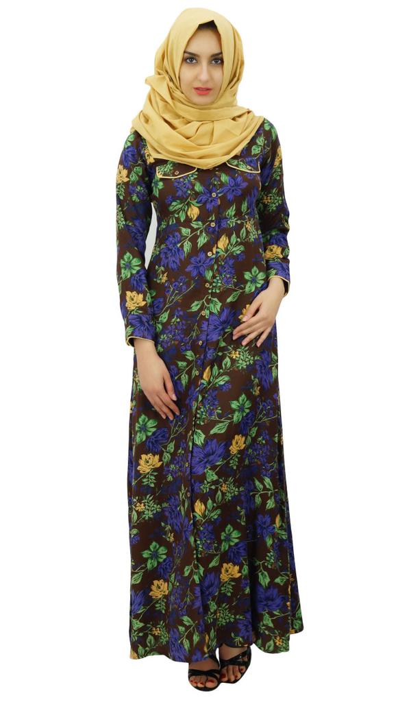 Bimba Womens Muslim Printed Jilbab Dress Designer Abaya With Pockets & Hijab