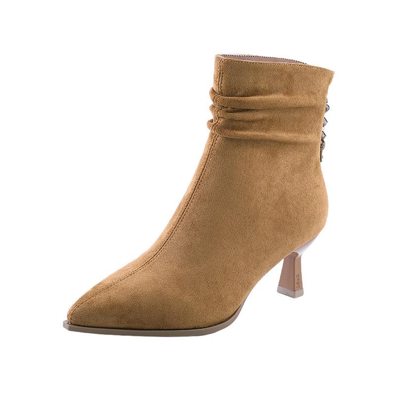 2025 autumn new retro suede pleated stacking boots women's autumn and winter pointed high-heeled thin boots slim medium boots