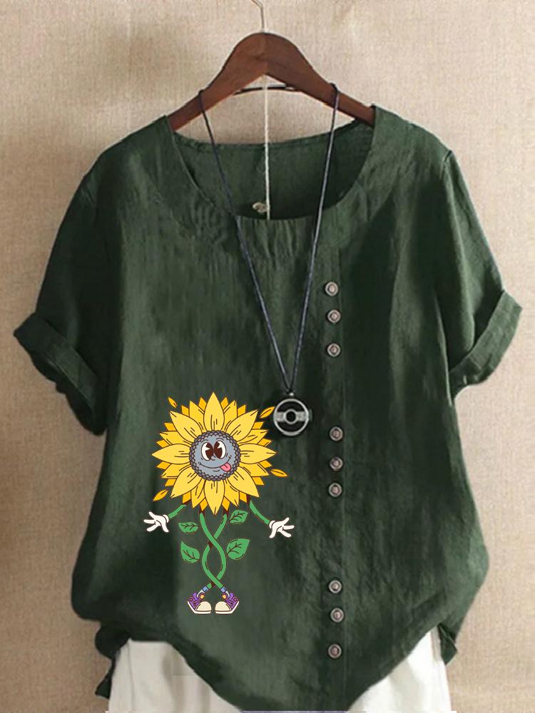 Women's Fashion Abstract Sunflower Print Casual Cotton Linen Short Sleeve Round Neck T-shirt Shirt Leisure Loose Summer Blouse Tops