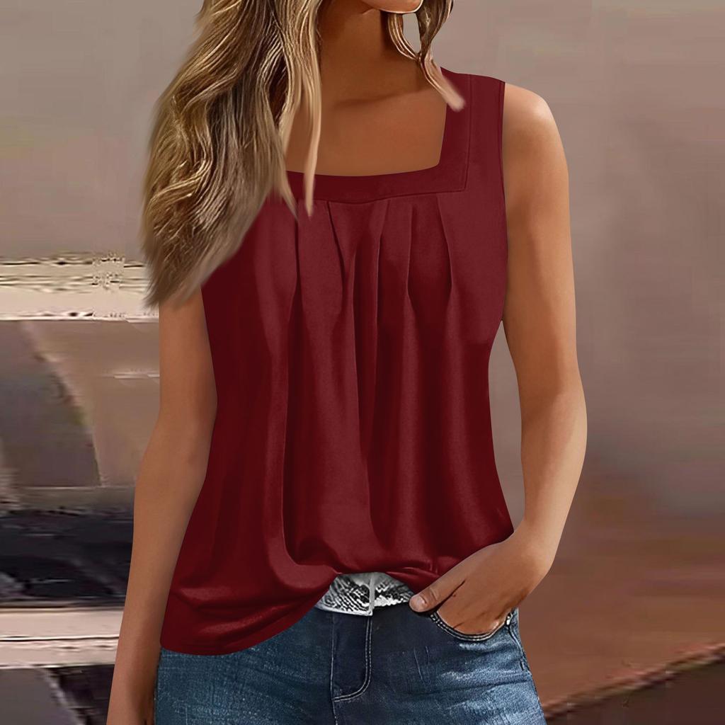 Damski Modny Seksowny Plisowany Top Bez Rękawów z Kwadratowym Dekoltem w Różnych Kolorach