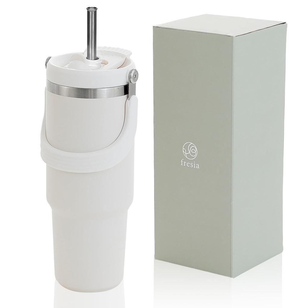 fresia Tumbler with Straw and Lid, Portable, Large Capacity, Keeps Drinks Cold or Hot, Spill-Proof, Vacuum Insulated, Stylish, Gift, 900ml (White)