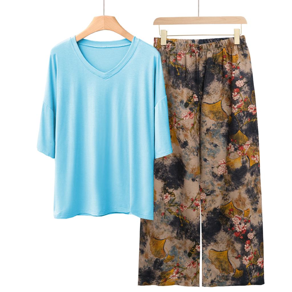 Pajamas Women's Spring and Summer New V-neck Short-sleeved Cotton and Linen Pants European and American Large-size Loungewear Two-piece Set