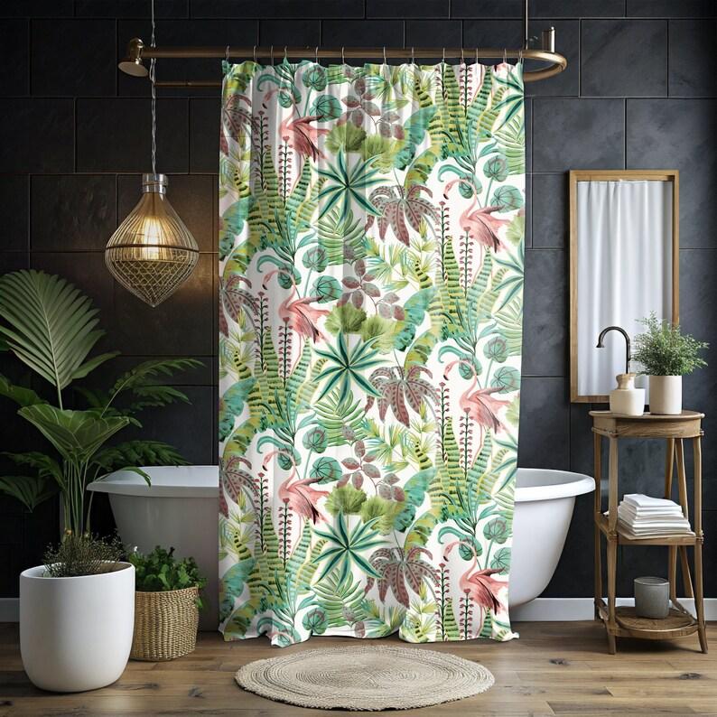 

Шторка для душа в стиле Уильяма Морриса - Дизайн с тропическими фламинго и растениями, Ретро-зеленая пляжная атмосфера W90xH180cm