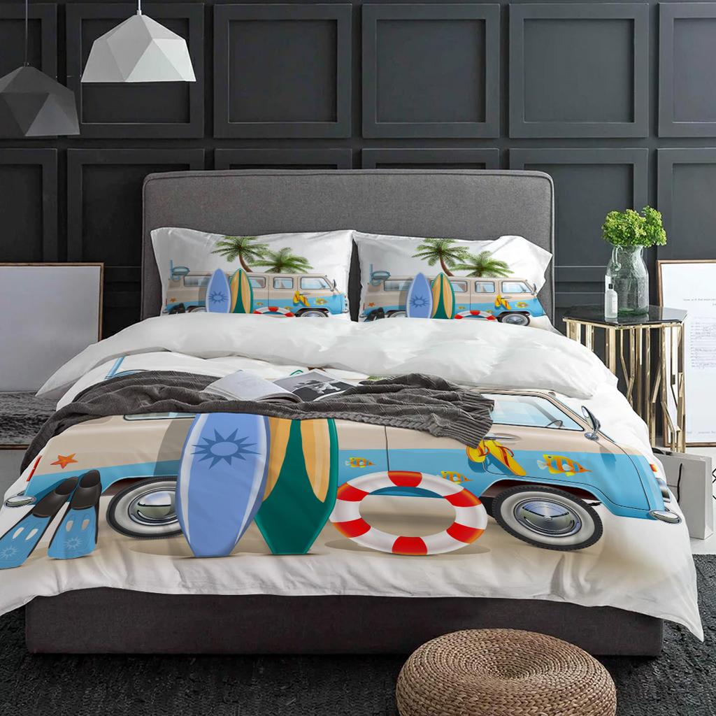 Vacation Car Surfboard Bedding Set 3pcs Boys Girls Duvet Cover Pillowcase Kids Adult Quilt Cover Double Bed Set Home Textile