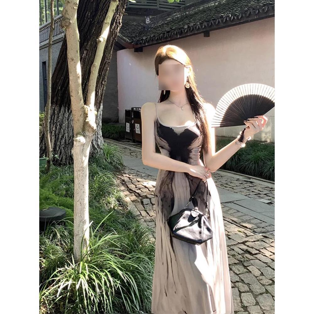 New Chinese ink printing suspender dress women's summer new foreign style beautiful French temperament long skirt
