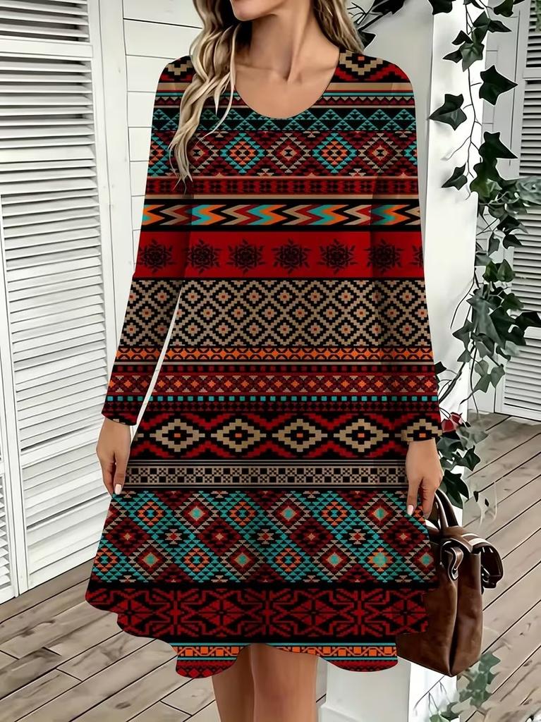 Spring Autumn Women Dress Casual Long Sleeve O-neck 3D Print Loose A-Line Dress Oversized Home Wear Robe