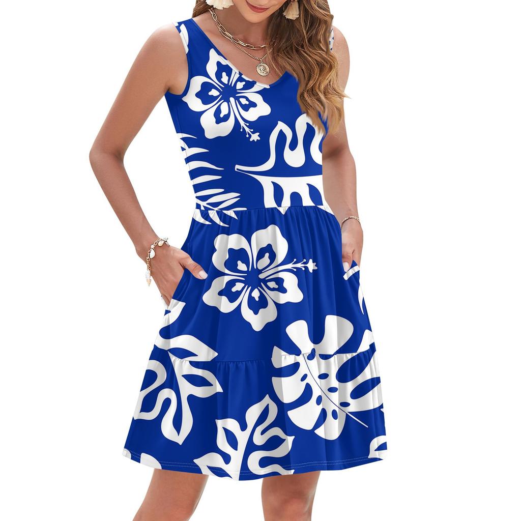 Women's Summer Fashion Casual V-Neck Pleated Stitching Hawaiian Floral Print Sleeveless Pocket Vest Dress