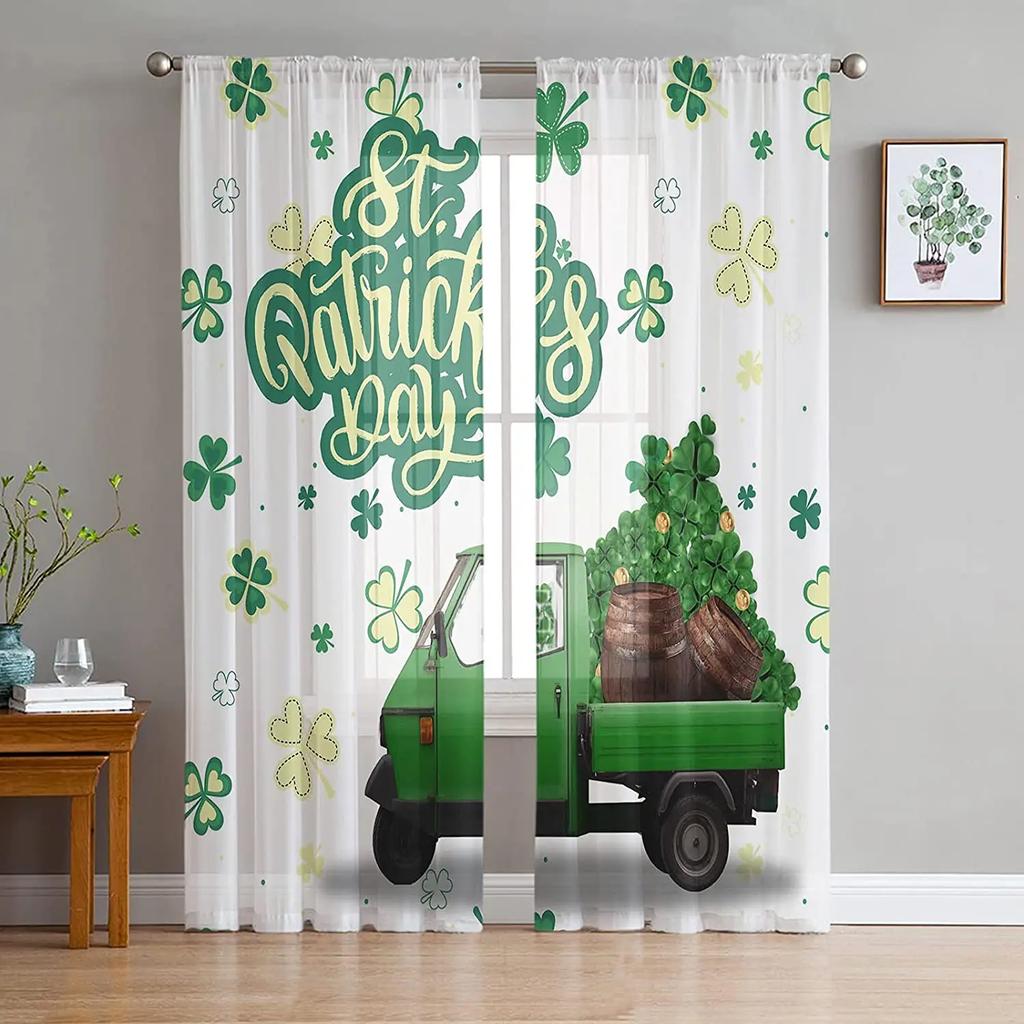 St Patrick Day Curtains Shamrocks Gold Beer Hat Voile Curtain Green Lucky Leaves Window Drapes Bedroom Living Room Sheer For Area Made Of Polyester