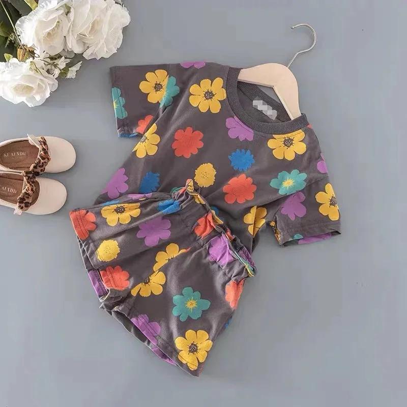 

Baby Girls Flower Print Clothes Set Summer Crew Neck T-shirts and Shorts Suit Children Fashion Top Bottom 2pcs Outfits Tracksuit 1-2Y(90CM)