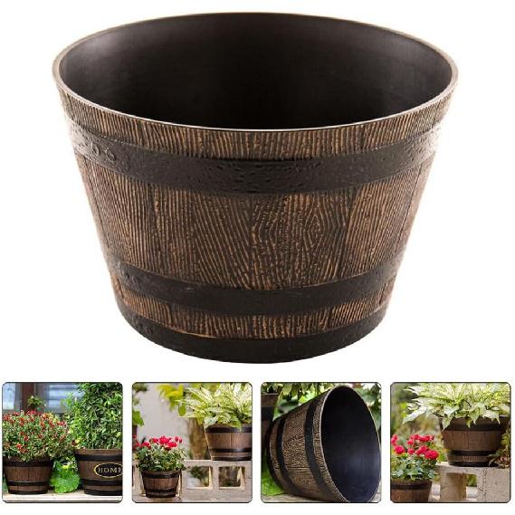 Happyyami Wine Barrel Planter Resin Flower Pot Barrel Planter Garden Whiskey Barrel Planter Pot Boxes Container Outdoor Indoor Flower Pot with Hole