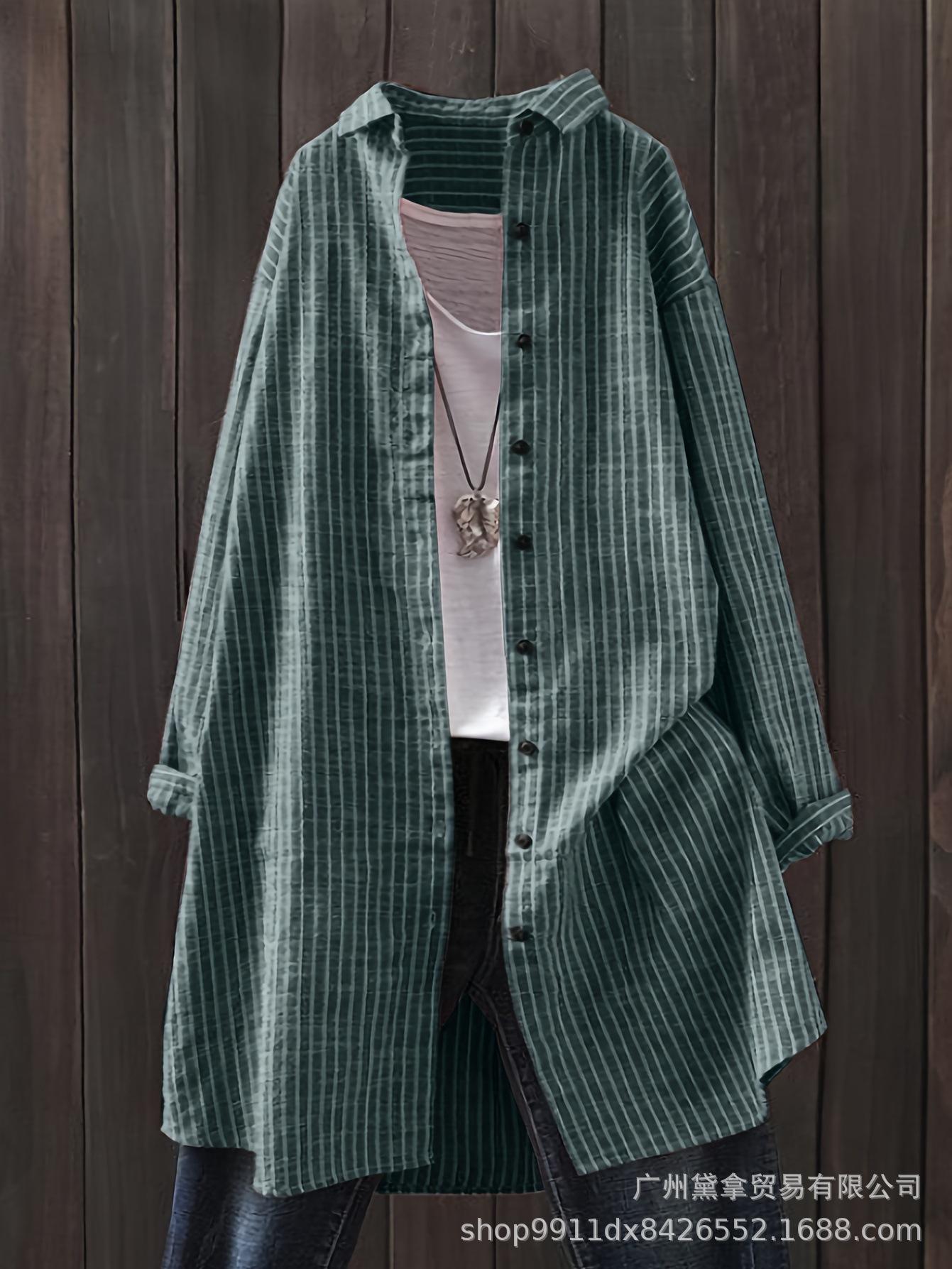 Летняя новая модель женской литературной хлопково-льняной полосатой рубашки S зелёный