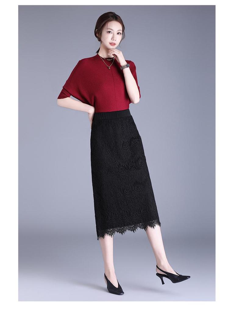 2026 Spring/Summer Black Lace Korean Style Slim Midi A-line Skirt