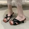Fashion Gold Silver Thick Heels Sandals for Women Fashion Cross Band Square Toe Slippers 2025 Summer Plus Size Light Square Heeled Shoes