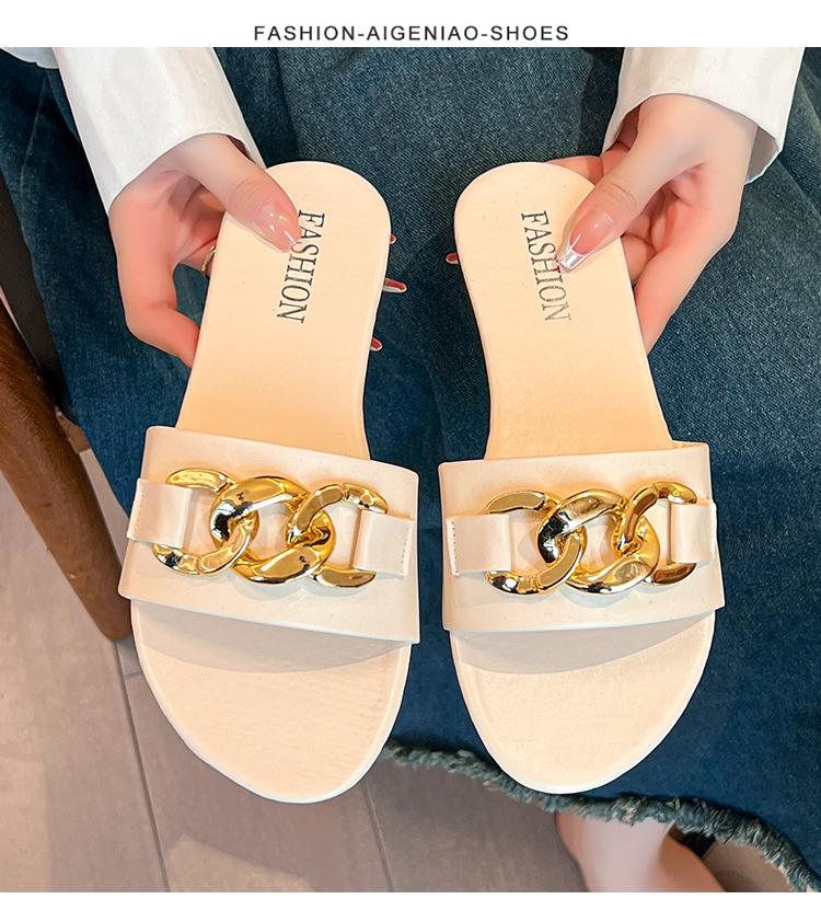 Fashion 2025 New Flat Leopard Women'S Slippers New European American Metal Chain Square Toe Flat Shoes Women'S Sandals Slippers Zapatos