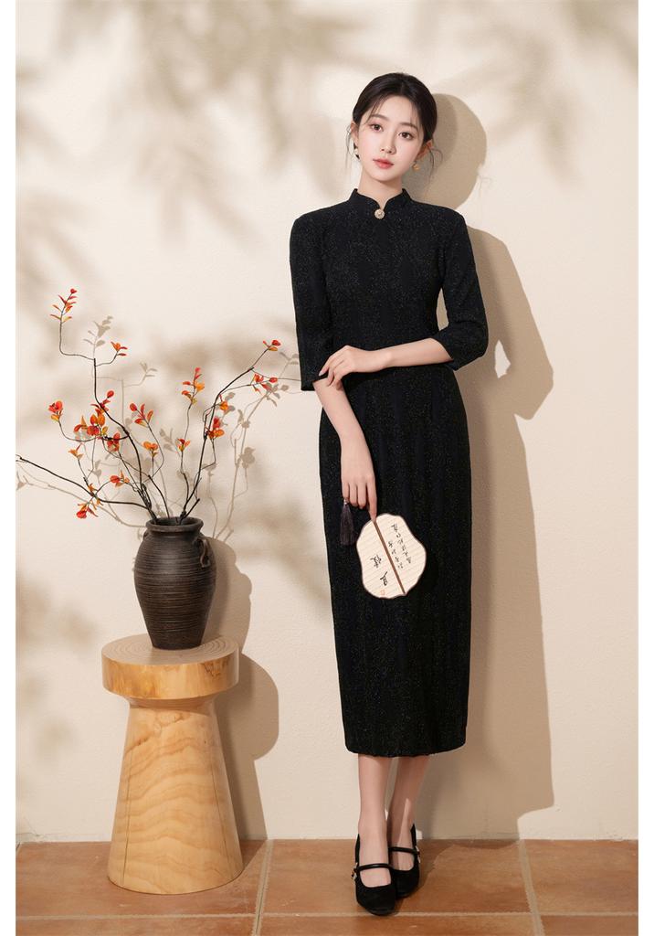 Simple and fashionable Korean bright silk black cheongsam spring and summer new improved new Chinese daily cheongsam dress