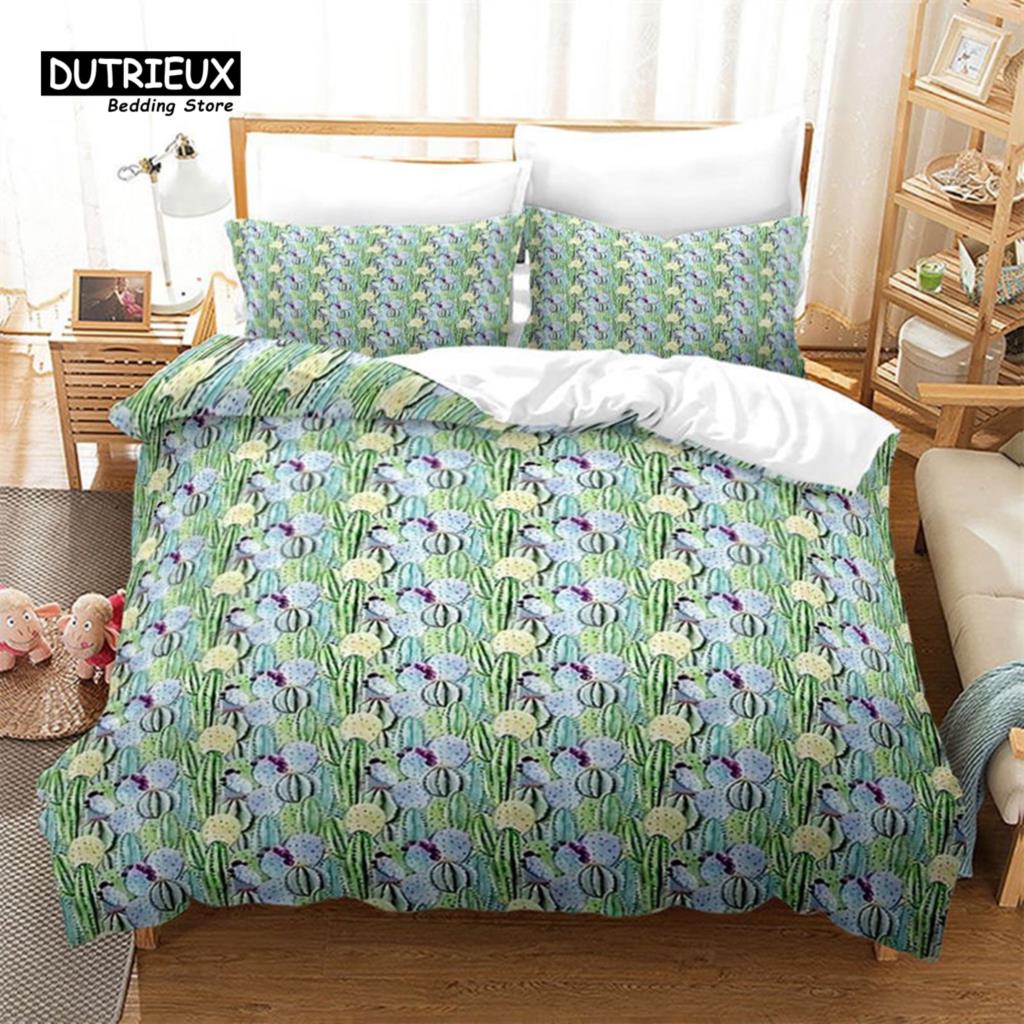 Chic Cactus Bedding Set Queen For Kids Teen Decor Cartoon Green Plants Succulents Duvet Cover Nature Art Floral Comforter Cover