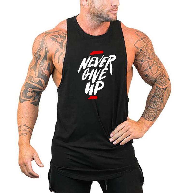 Muscleguys NEVER GIVE UP Mens Running Vests Summer Cotton Gym Tank Tops Bodybuilding Fitness Training Exercise Clothing Muscle Singlets