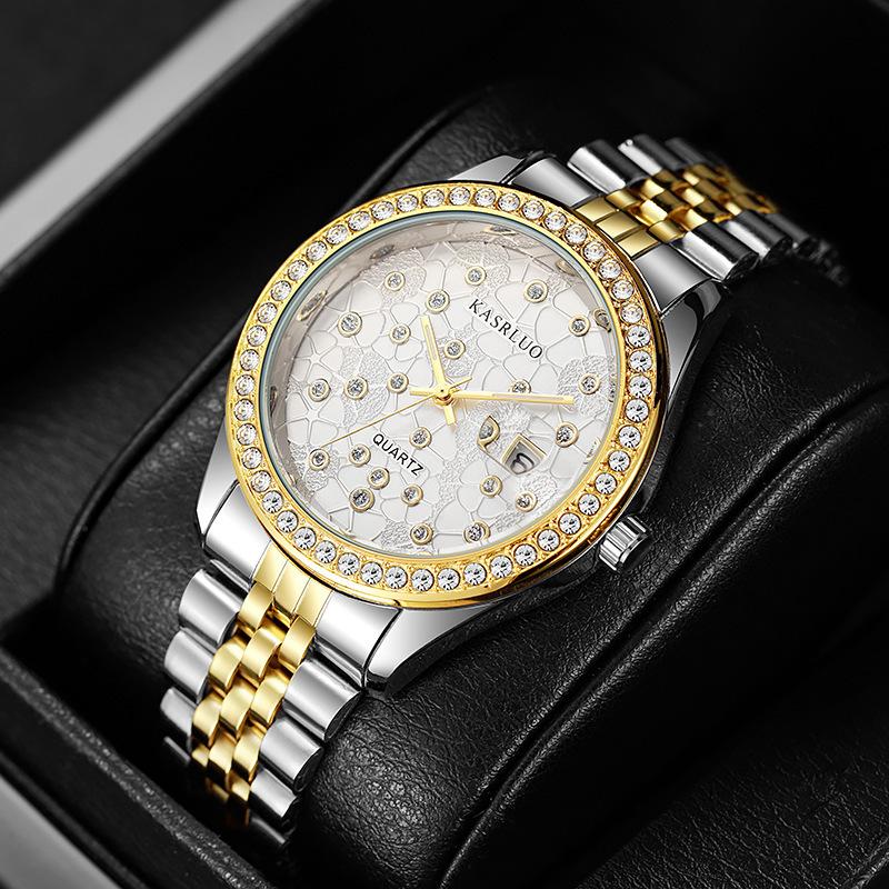 Watch Men'S Trend Diamond-Encrusted Couple Steel Belt Calendar Casual Student Adult Automatic Quartz Watch