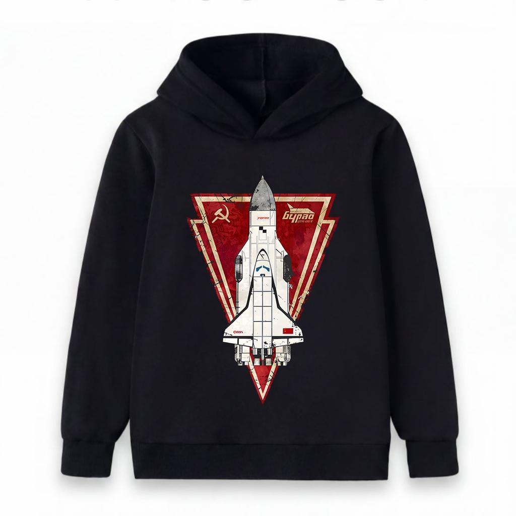 Kids Boys Girls Pullover Hoodie, Vintage Soviet Buran Space Shuttle Print Casual Hooded Sweatshirt for Space Fans, Comfortable Long Sleeve Tops for Da