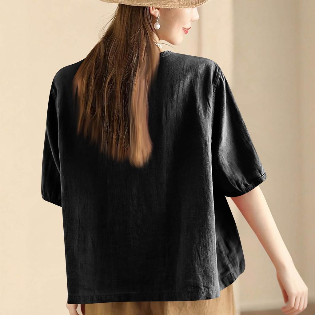 Cardigan Vintage Surdimensionné Littéraire pour Femme Mélange Coton-Lin Avec Poches Fermeture Boutonnée Simple Manches Courtes Avec un Appel Élégant