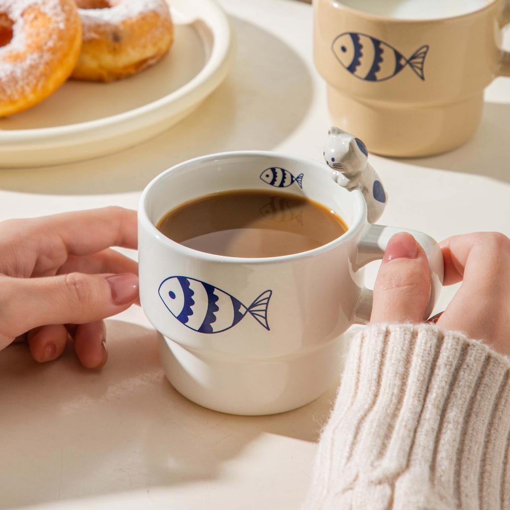 Japanese Cute Cat Coffee Cup Hand-painted Ins High-value Ceramic Cup Creative Three-dimensional Household Water Cup Hanging Tea Pet
