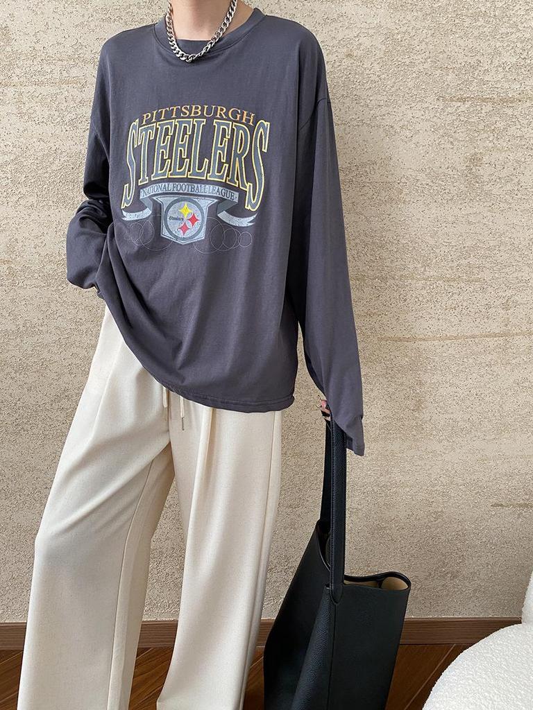 Sinan Blogger Retro Letter Print Slim Langarm T-Shirt (SN6446)