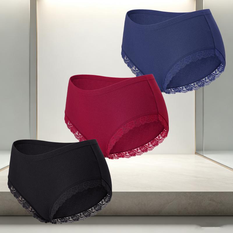 FINETOO 3Pcs/Set Women's Cotton Patchwork Lace Underwear Solid Color High Rise Ribbed Underpants Soft Breathable Panties Female Lingerie