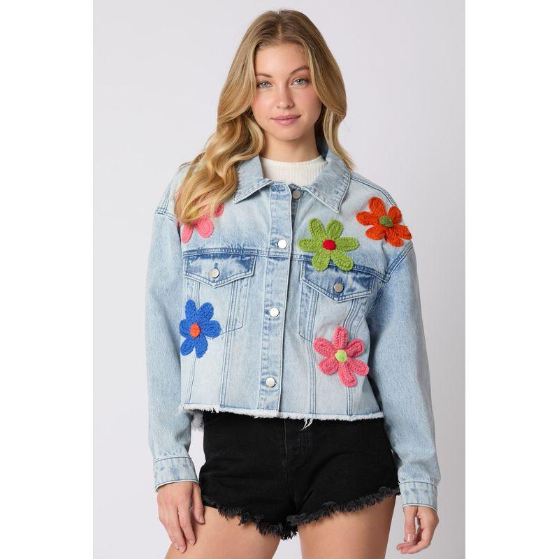 

Western Style Spring and Summer New Multi-Color Three-Dimensional Decoration Denim Jacket Long sleeve Top Women Blue S
